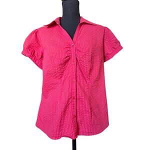 pink ruched textured collared short sleeve button front top stretch cotton
